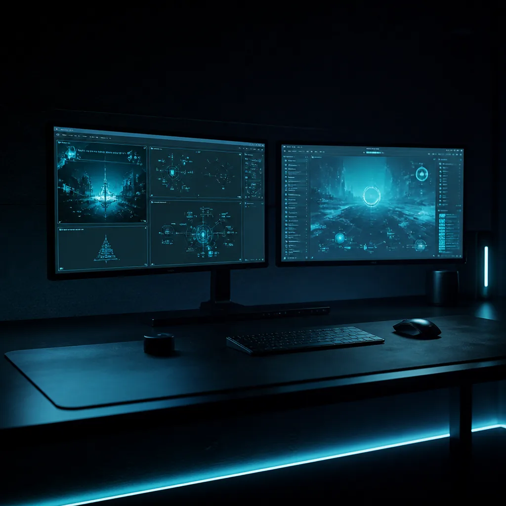 Puesto de desarrollo con dos monitores turquesa en un estudio oscuro