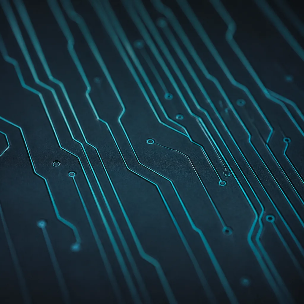 Líneas de circuito luminosas sobre panel oscuro